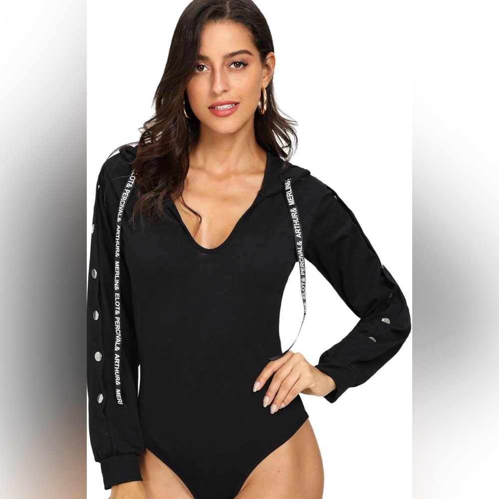 SweatyRocks Women's Sexy Deep V Long Sleeve Drawstring Hooded Bodysuit Black S